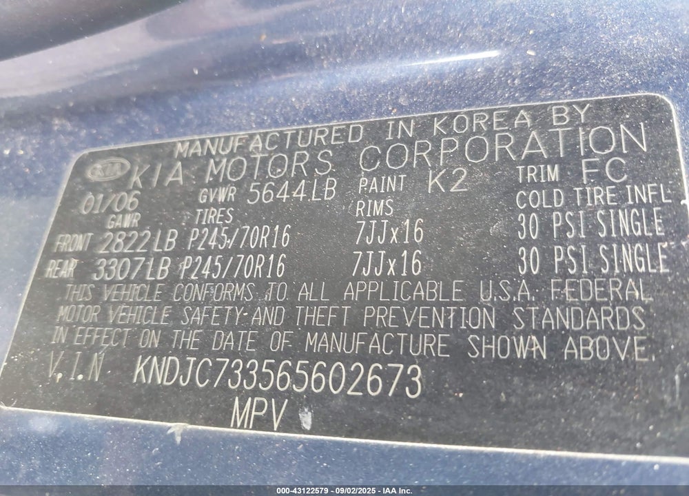 2006 KIA SORENTO EX/LX VIN: KNDJC733565602673