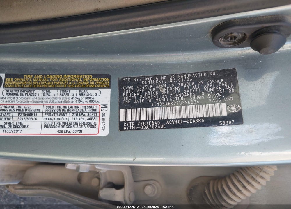 2007 TOYOTA CAMRY LE VIN: 4T1BE46K27U526235