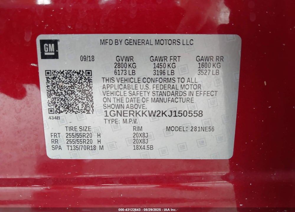 2019 CHEVROLET TRAVERSE VIN: 1GNERKKW2KJ150558