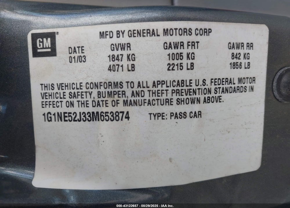 2003 CHEVROLET MALIBU LS VIN: 1G1NE52J33M653874
