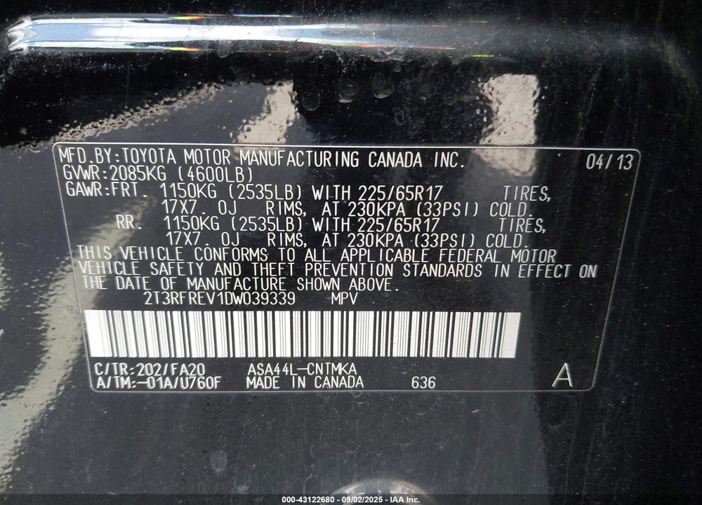 2013 TOYOTA RAV4 XLE VIN: 2T3RFREV1DW039339
