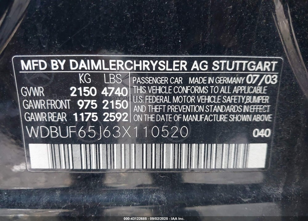 2003 MERCEDES-BENZ E 320 VIN: WDBUF65J63X110520
