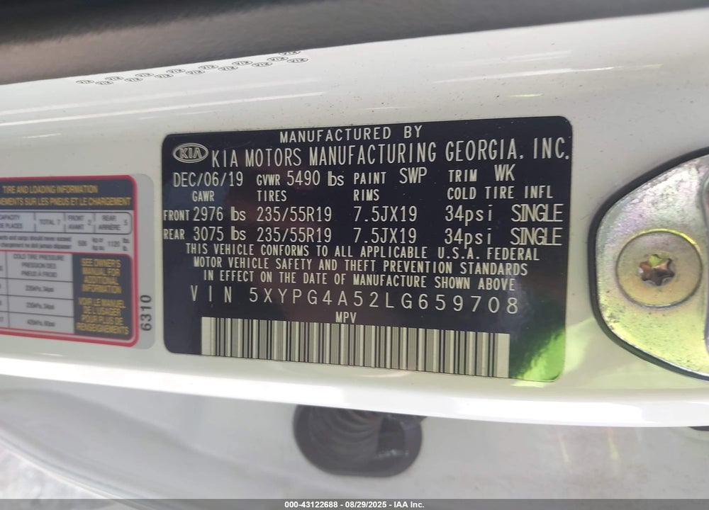 2020 KIA SORENTO VIN: 5XYPG4A52LG659708