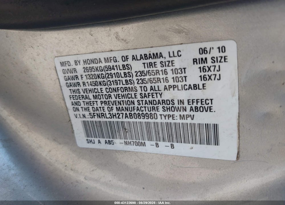 2010 HONDA ODYSSEY LX VIN: 5FNRL3H27AB089980