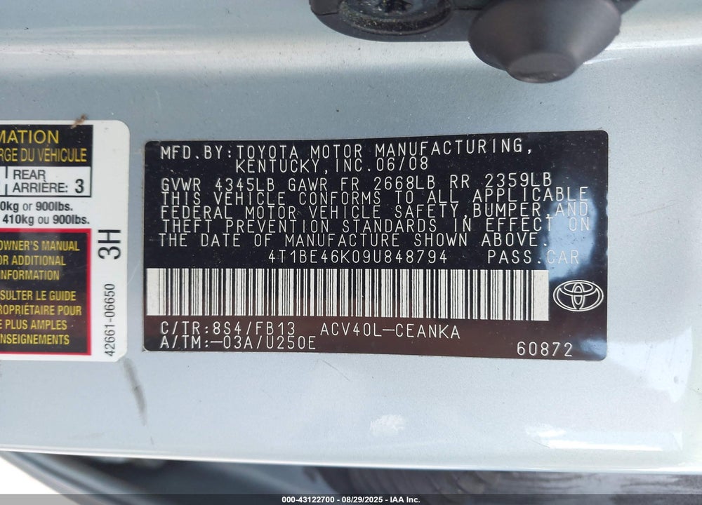 2009 TOYOTA CAMRY VIN: 4T1BE46K09U848794