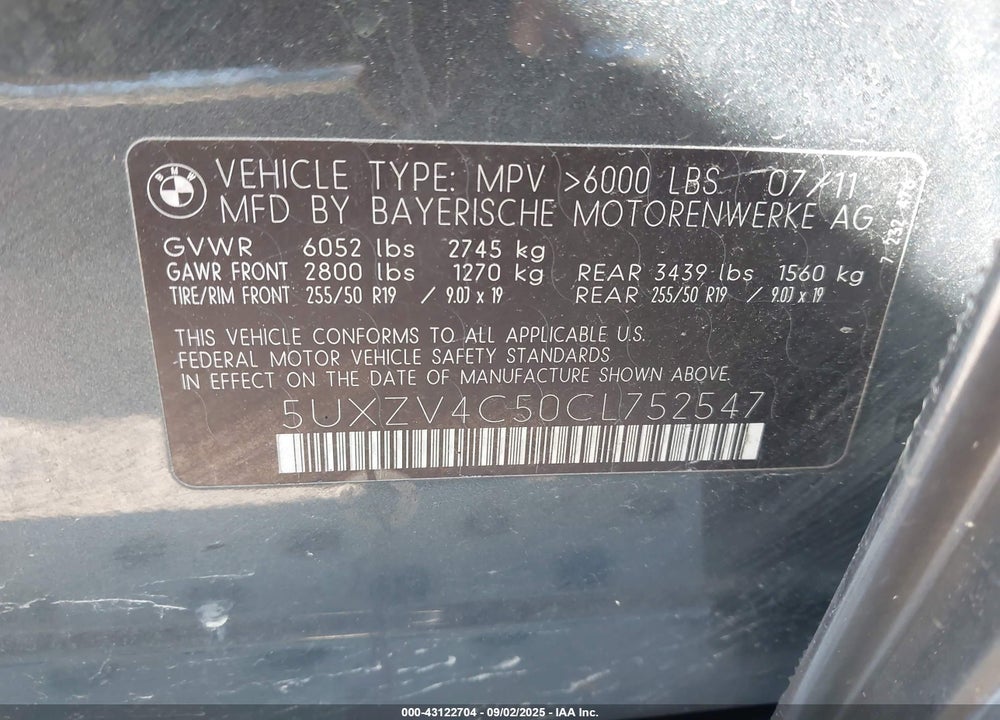 2012 BMW X5 VIN: 5UXZV4C50CL752547