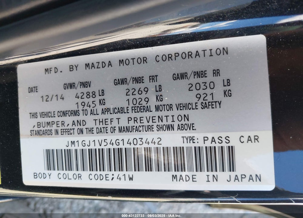 2016 MAZDA 6 VIN: JM1GJ1V54G1403442
