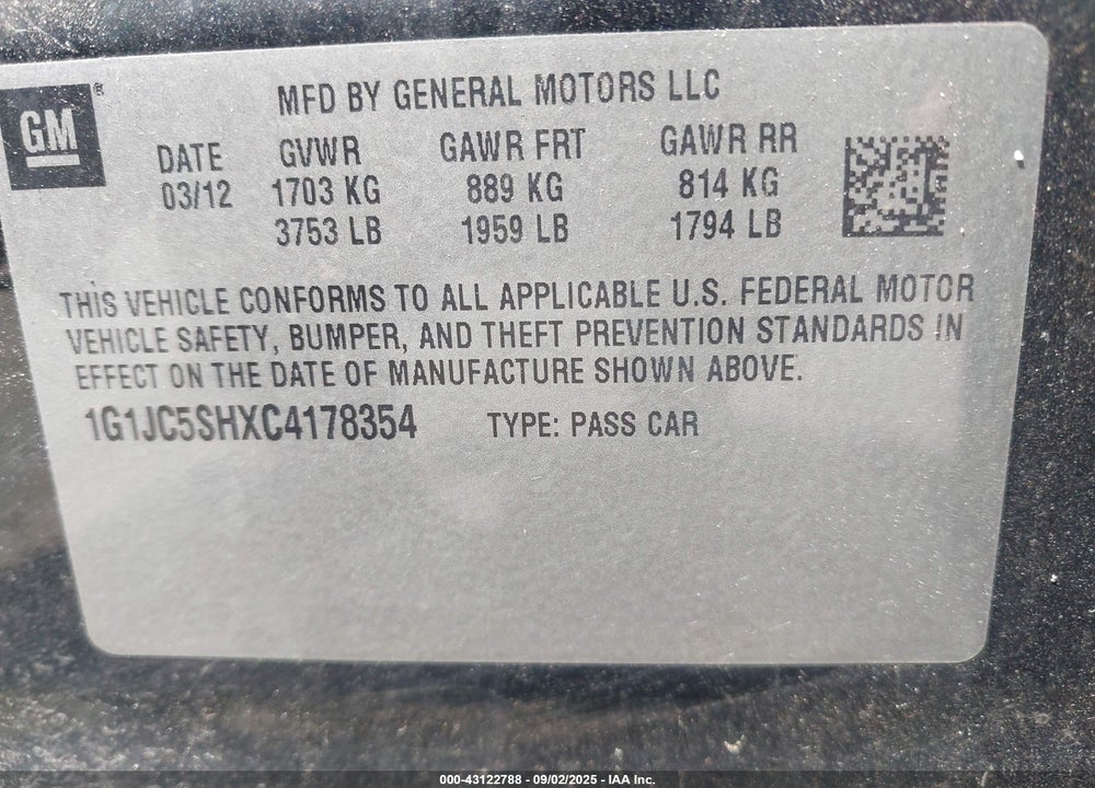 2012 CHEVROLET SONIC VIN: 1G1JC5SHXC4178354