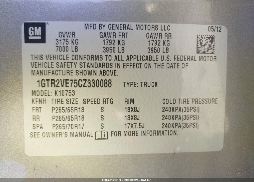 2012 GMC SIERRA 1500 VIN: 1GTR2VE75CZ330088