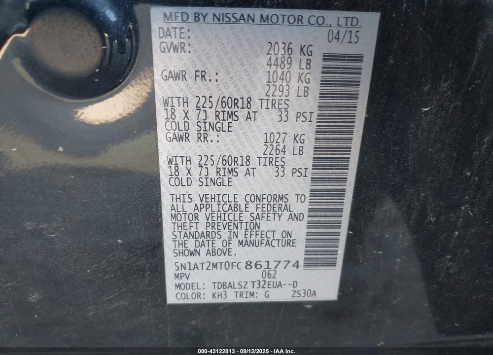 2015 NISSAN ROGUE VIN: 5N1AT2MT0FC861774