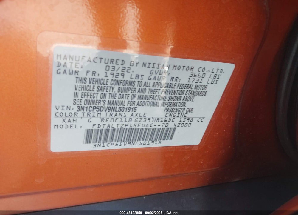 2022 NISSAN KICKS VIN: 3N1CP5DV9NL501915