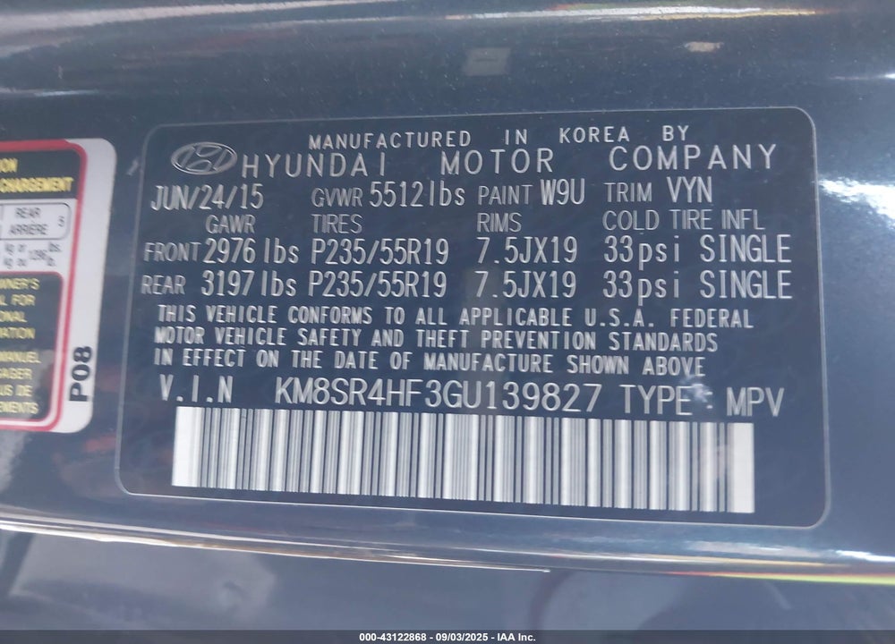 2016 HYUNDAI SANTA FE VIN: KM8SR4HF3GU139827