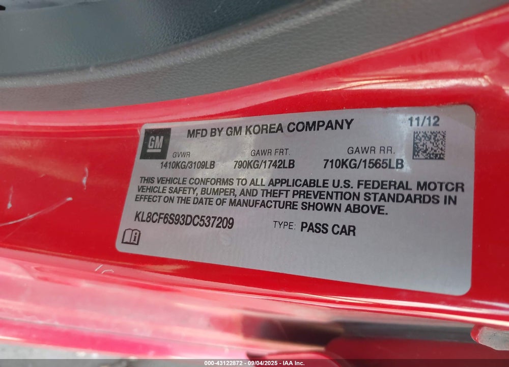 2013 CHEVROLET SPARK VIN: KL8CF6S93DC537209