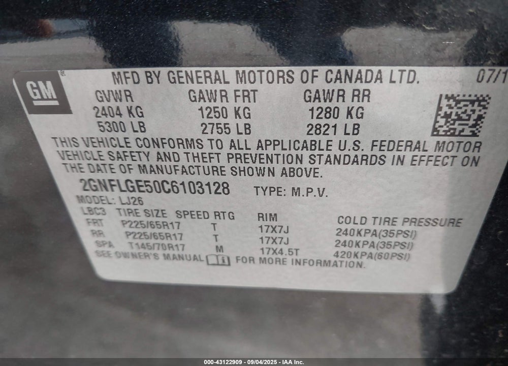 2012 CHEVROLET EQUINOX VIN: 2GNFLGE50C6103128