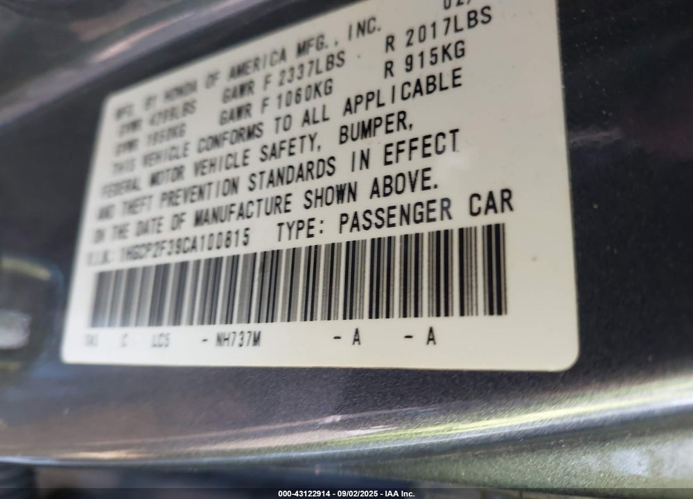 2012 HONDA ACCORD 2.4 LX VIN: 1HGCP2F39CA100815