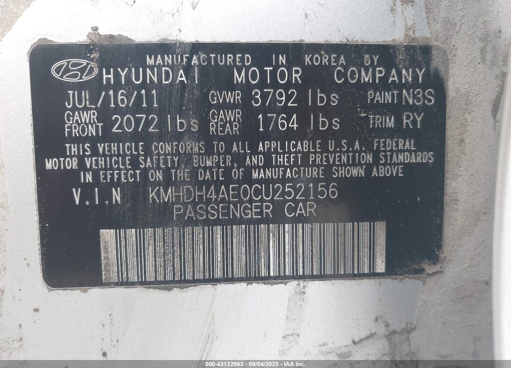 2012 HYUNDAI ELANTRA VIN: KMHDH4AE0CU252156