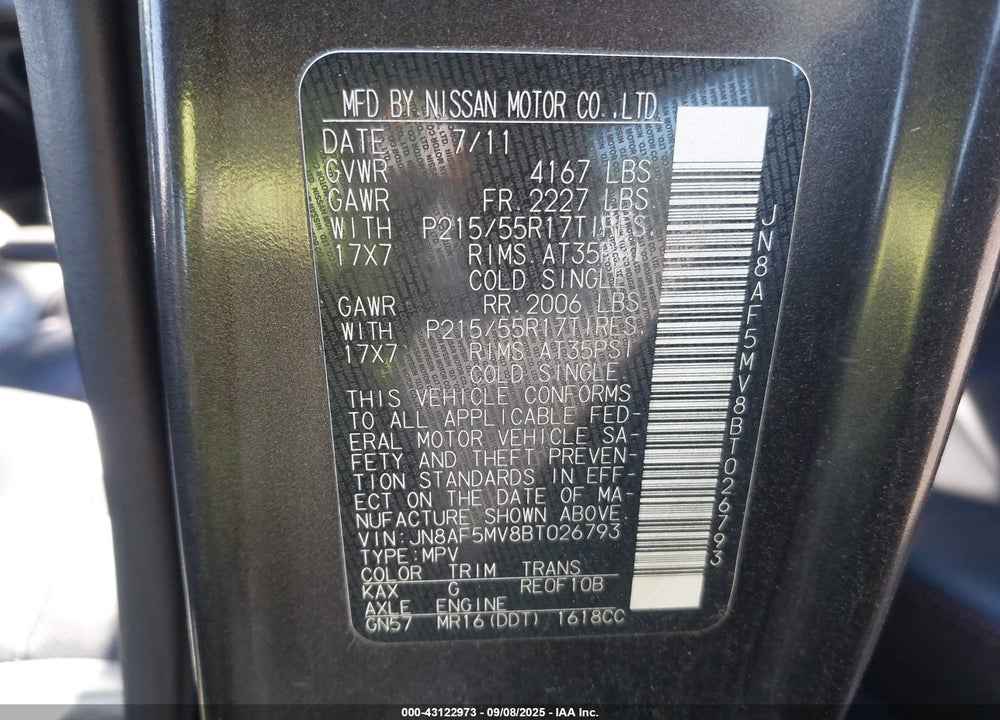 2011 NISSAN JUKE SL VIN: JN8AF5MV8BT026793