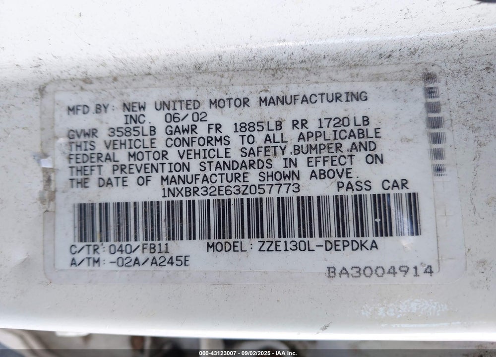 2003 TOYOTA COROLLA CE VIN: 1NXBR32E63Z057773