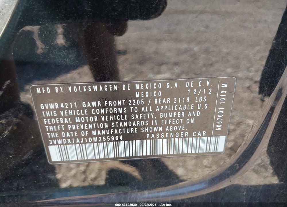 2013 VOLKSWAGEN JETTA VIN: 3VWDX7AJ1DM255964