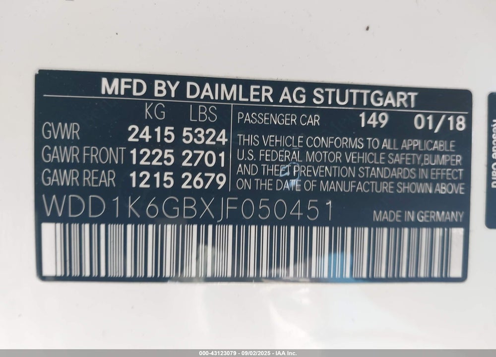 2018 MERCEDES-BENZ E-CLASS VIN: WDD1K6GBXJF050451