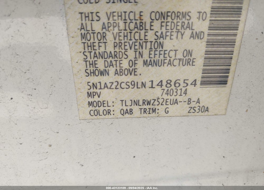 2020 NISSAN MURANO VIN: 5N1AZ2CS9LN148654