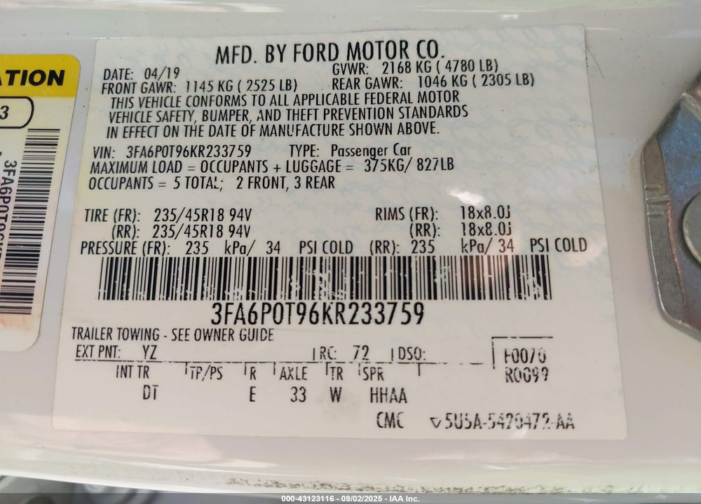 2019 FORD FUSION SE VIN: 3FA6P0T96KR233759