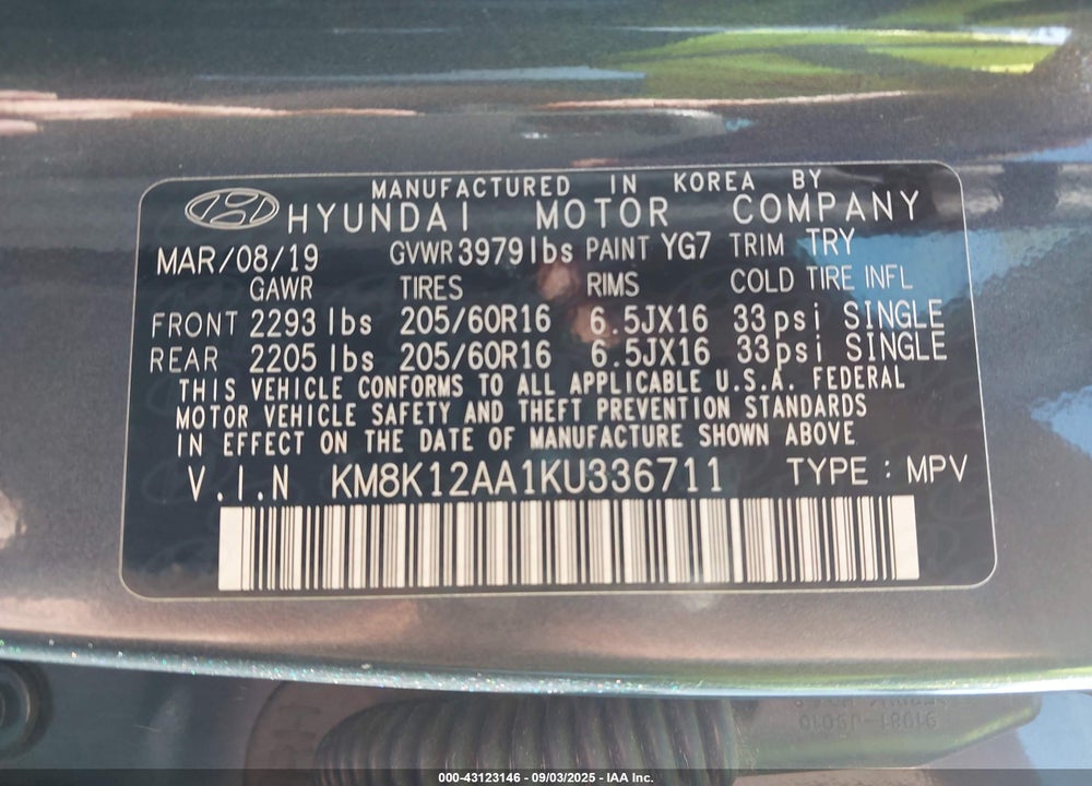 2019 HYUNDAI KONA SE VIN: KM8K12AA1KU336711
