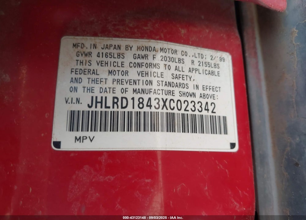 1999 HONDA CR-V LX VIN: JHLRD1843XC023342