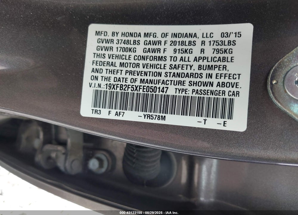 2015 HONDA CIVIC VIN: 19XFB2F5XFE050147