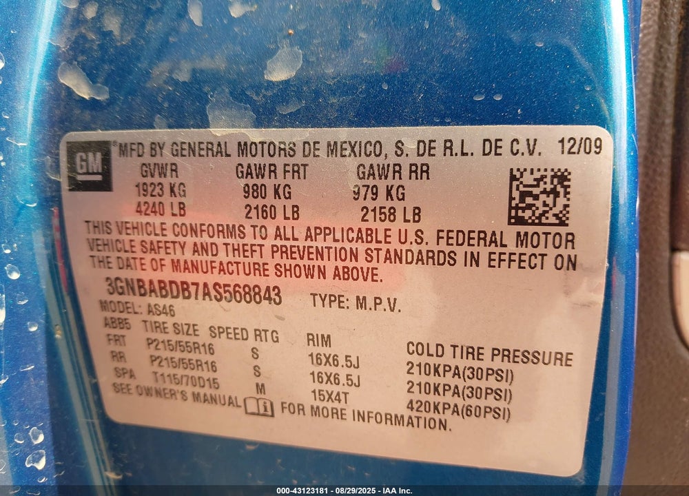 2010 CHEVROLET HHR VIN: 3GNBABDB7AS568843