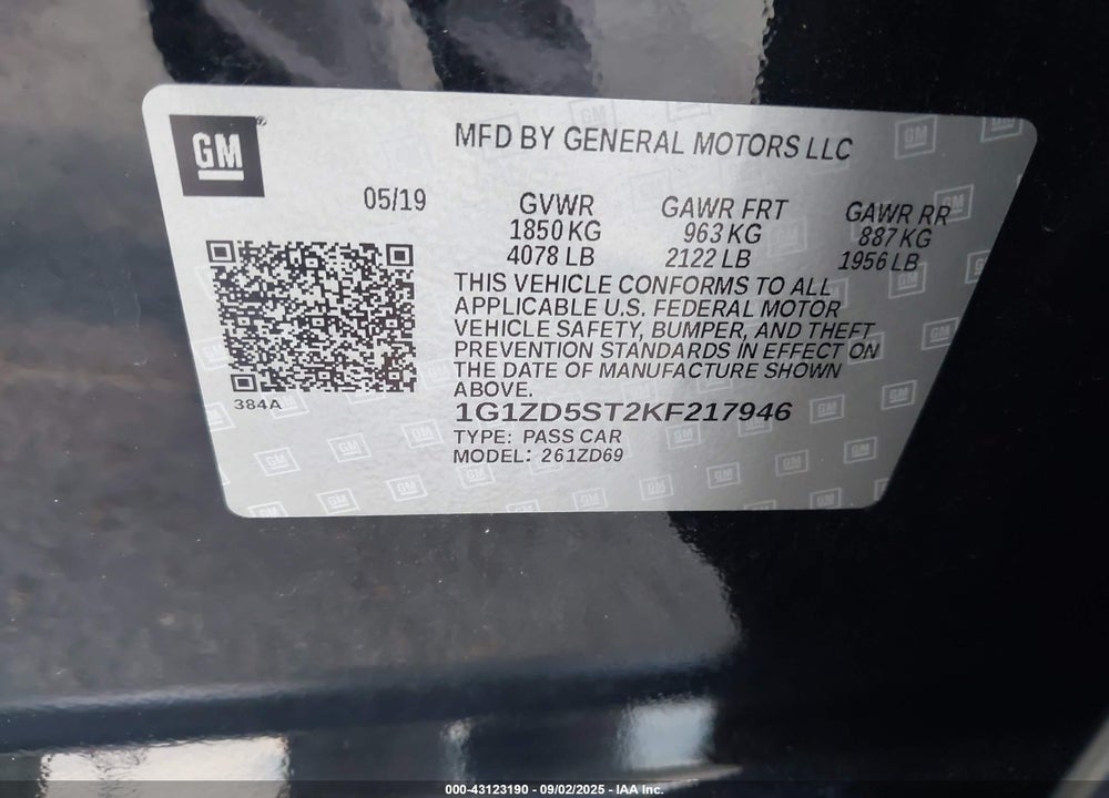 2019 CHEVROLET MALIBU LT VIN: 1G1ZD5ST2KF217946