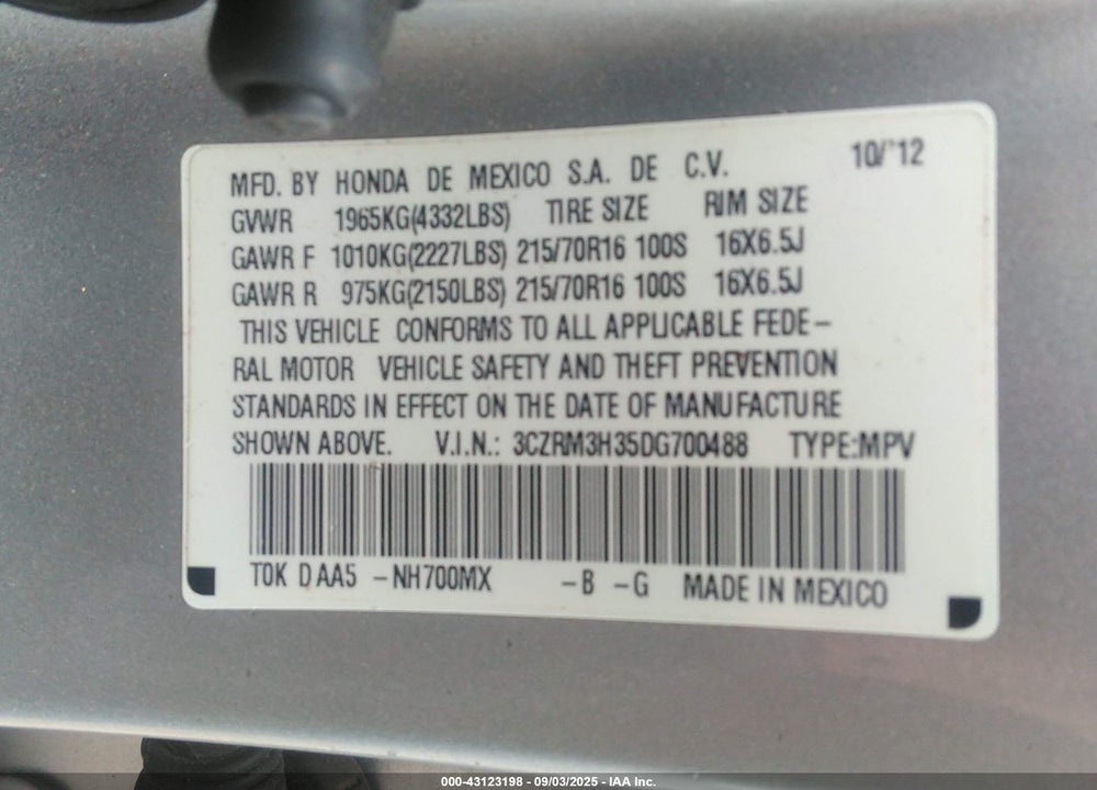 2013 HONDA CR-V VIN: 3CZRM3H35DG700488