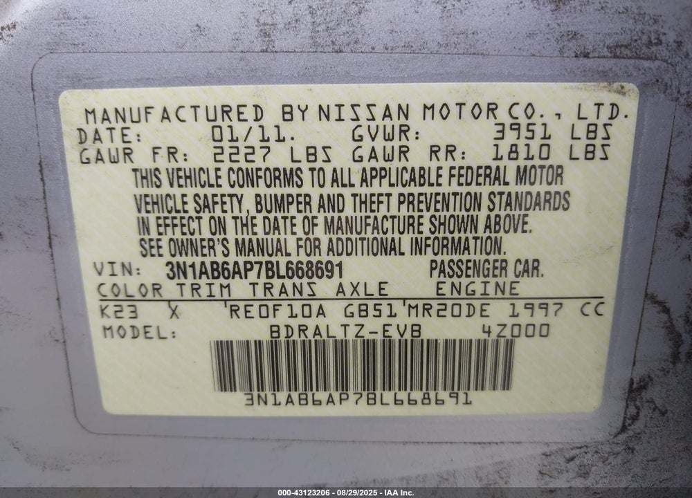 2011 NISSAN SENTRA VIN: 3N1AB6AP7BL668691