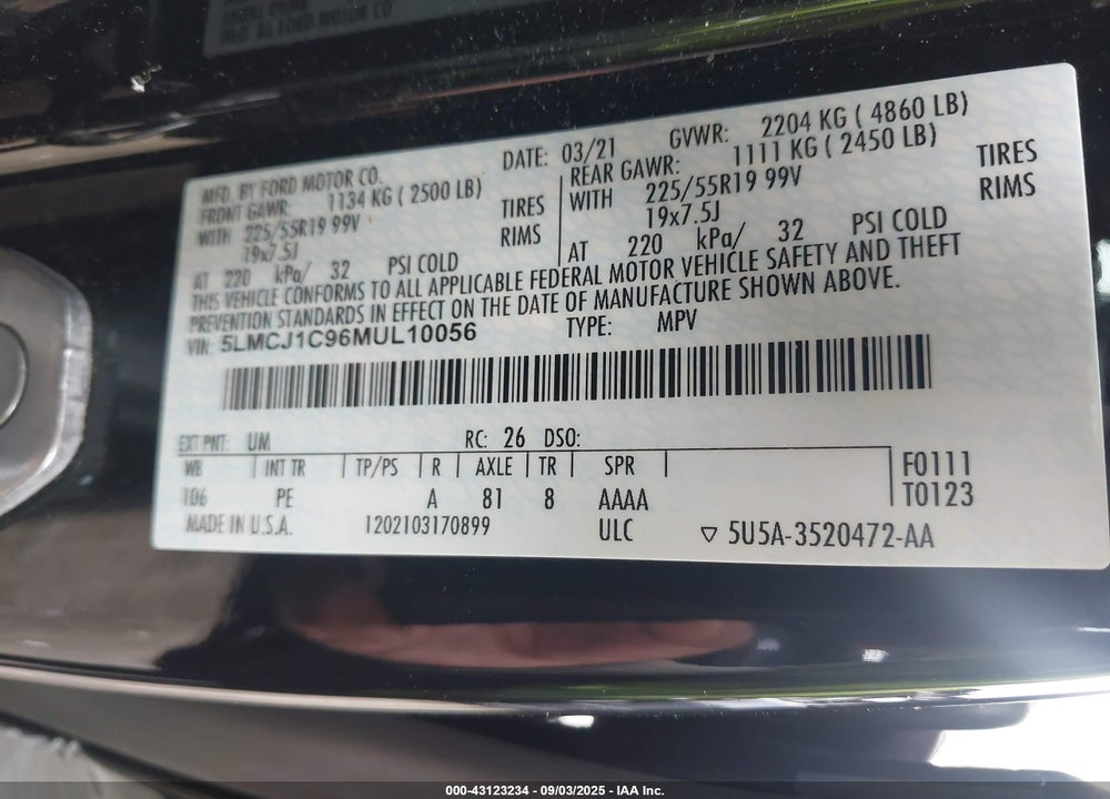 2021 LINCOLN CORSAIR STANDARD VIN: 5LMCJ1C96MUL10056