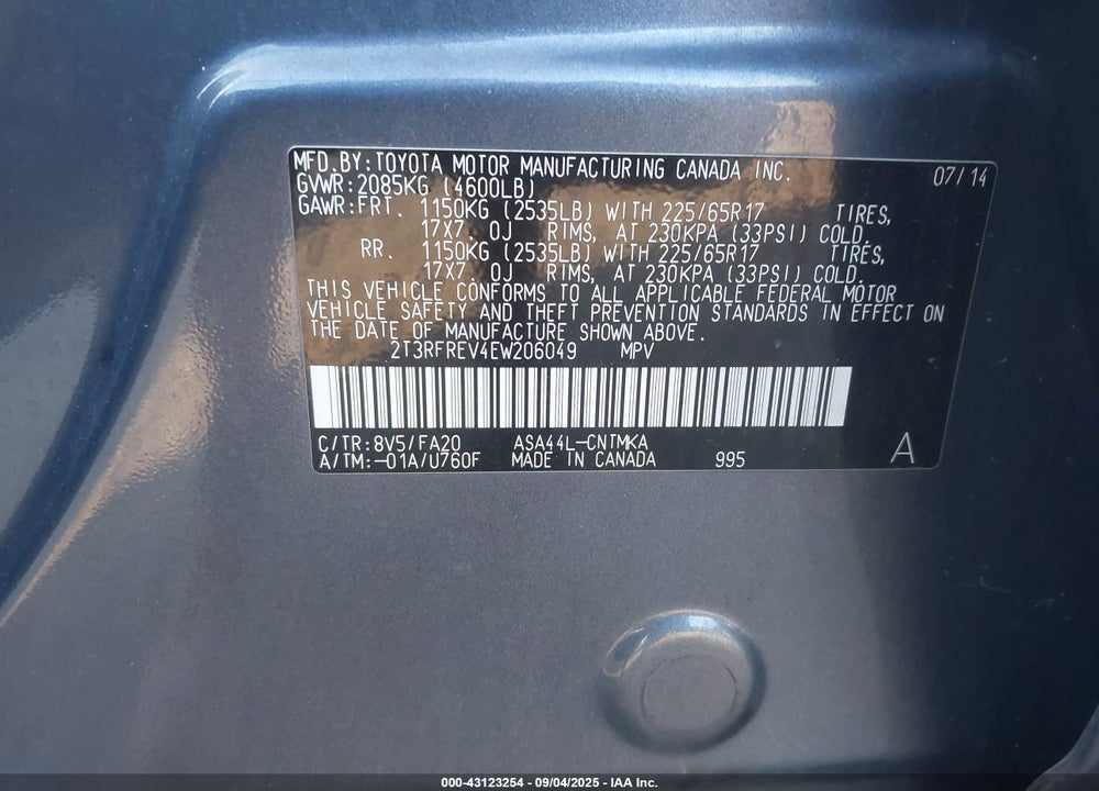 2014 TOYOTA RAV4 VIN: 2T3RFREV4EW206049