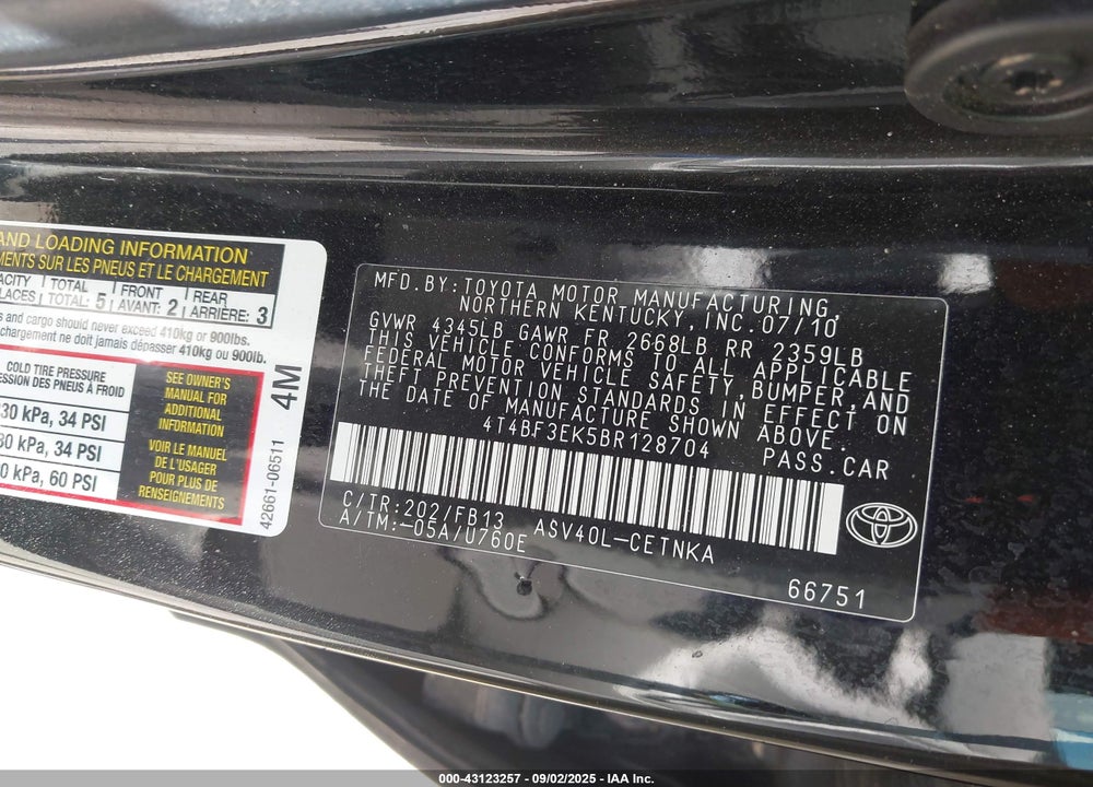 2011 TOYOTA CAMRY LE VIN: 4T4BF3EK5BR128704