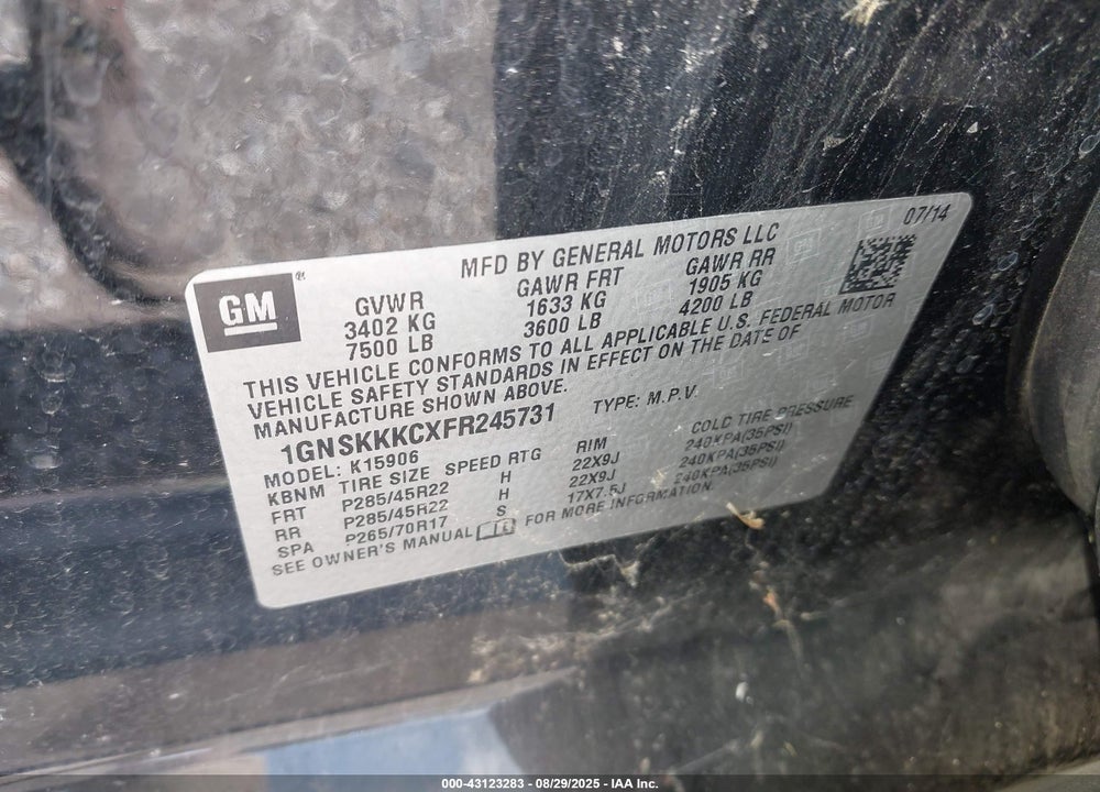 2015 CHEVROLET SUBURBAN 1500 VIN: 1GNSKKKCXFR245731