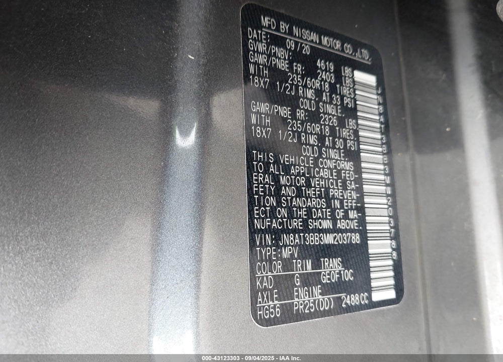 2021 NISSAN ROGUE VIN: JN8AT3BB3MW203788