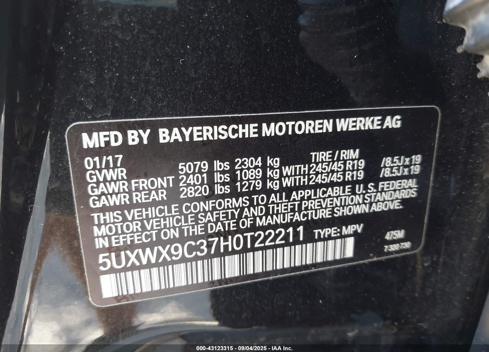 2017 BMW X3 XDRIVE28I VIN: 5UXWX9C37H0T22211