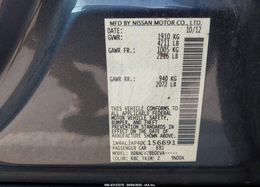 2013 NISSAN ALTIMA 2.5 SL VIN: 1N4AL3AP4DC156691