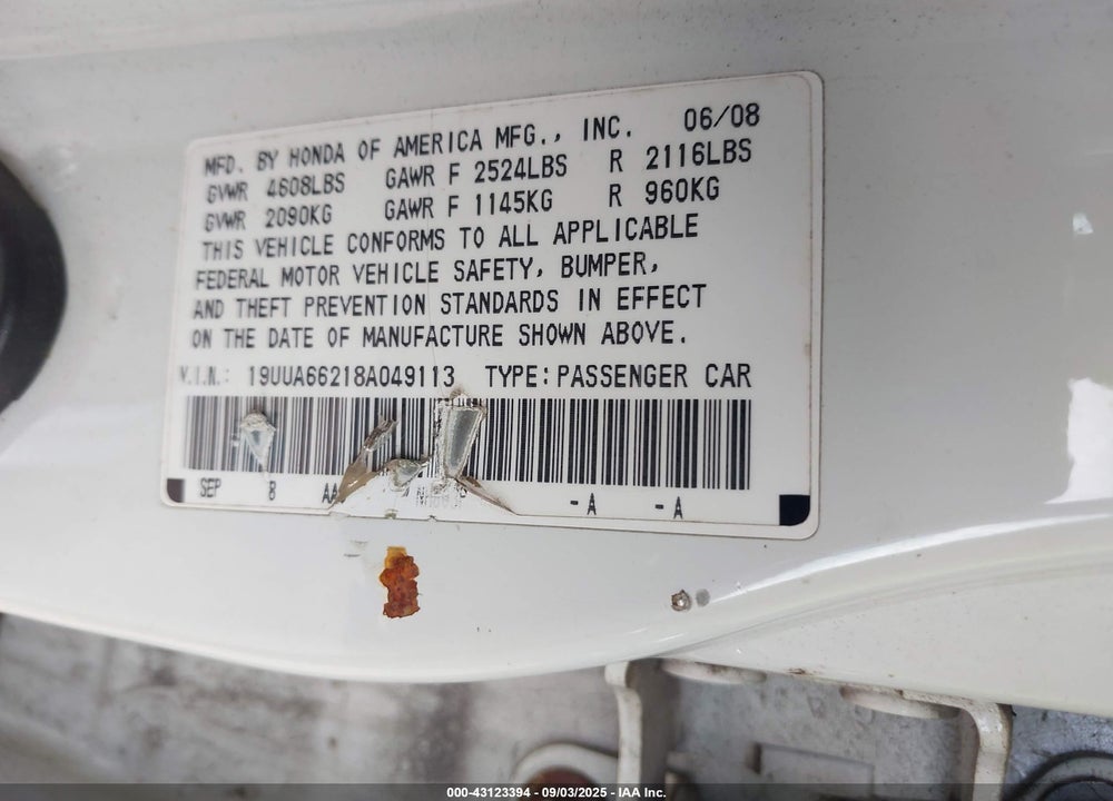 2008 ACURA TL VIN: 19UUA66218A049113