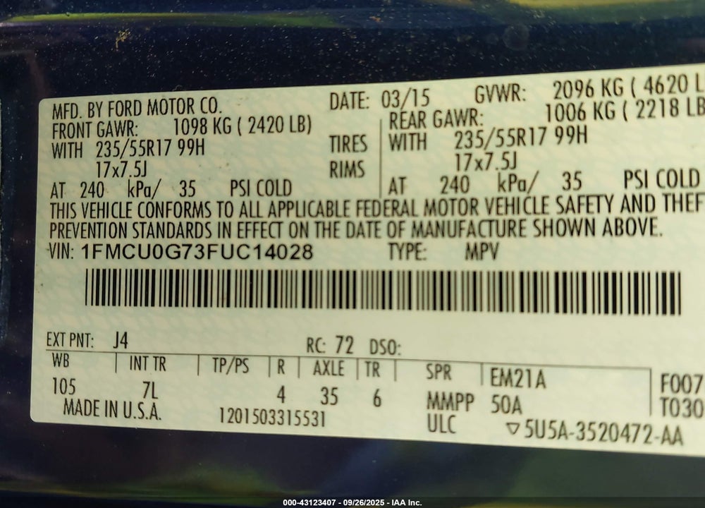 2015 FORD ESCAPE VIN: 1FMCU0G73FUC14028
