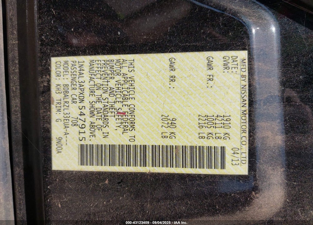 2013 NISSAN ALTIMA VIN: 1N4AL3APXDN547915