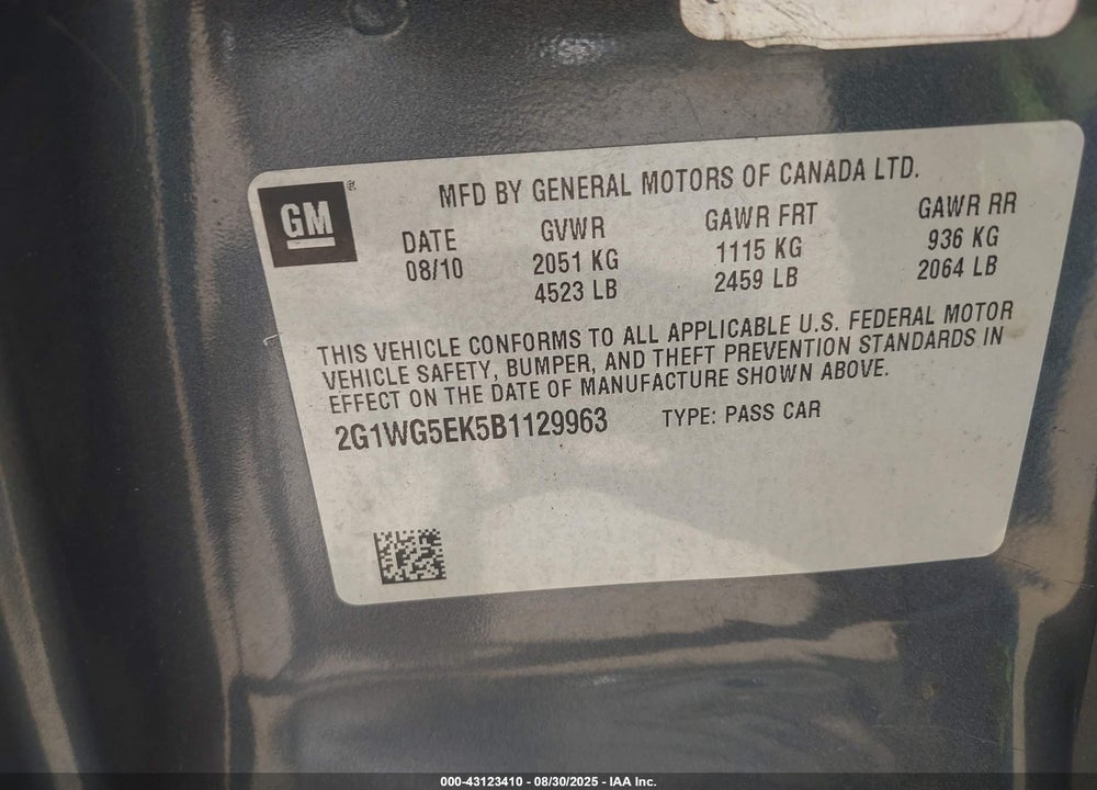 2011 CHEVROLET IMPALA VIN: 2G1WG5EK5B1129963