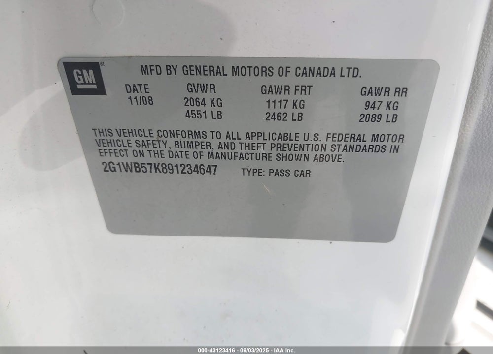 2009 CHEVROLET IMPALA VIN: 2G1WB57K891234647