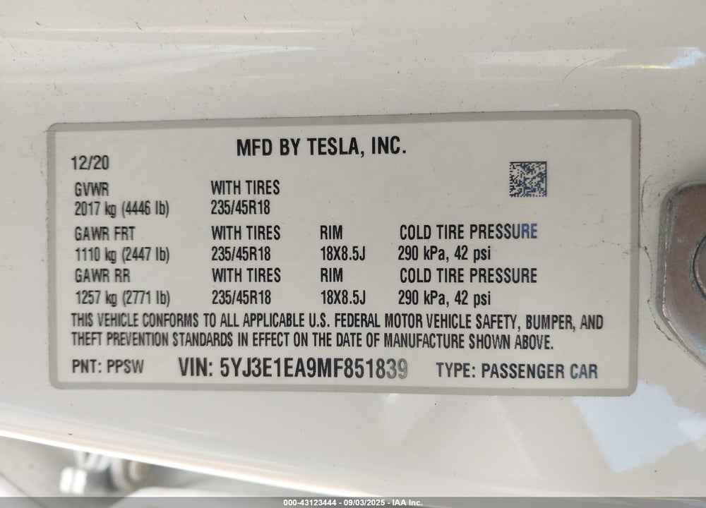 2021 TESLA MODEL 3 VIN: 5YJ3E1EA9MF851839