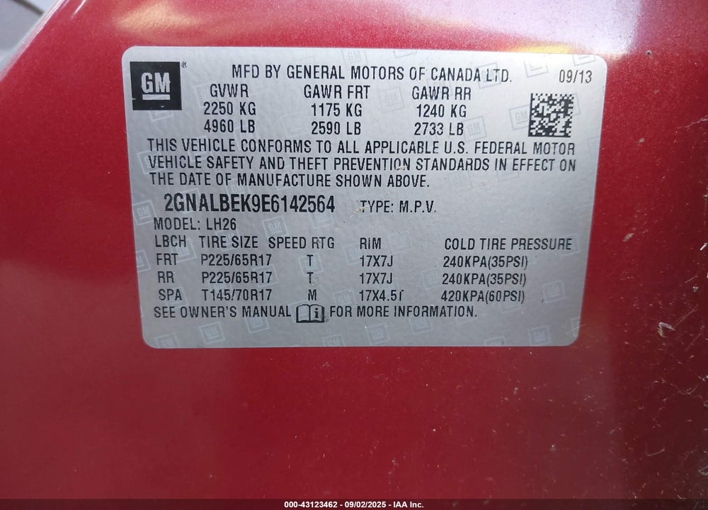 2014 CHEVROLET EQUINOX VIN: 2GNALBEK9E6142564