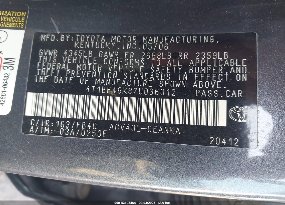 2007 TOYOTA CAMRY VIN: 4T1BE46K87U036012