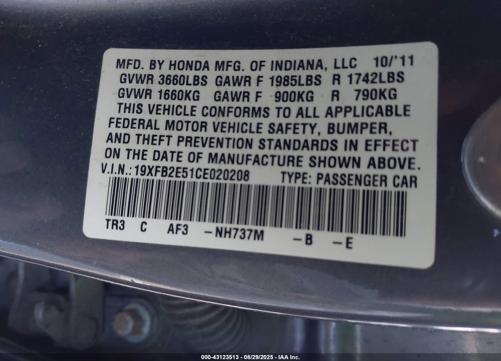 2012 HONDA CIVIC VIN: 19XFB2E51CE020208