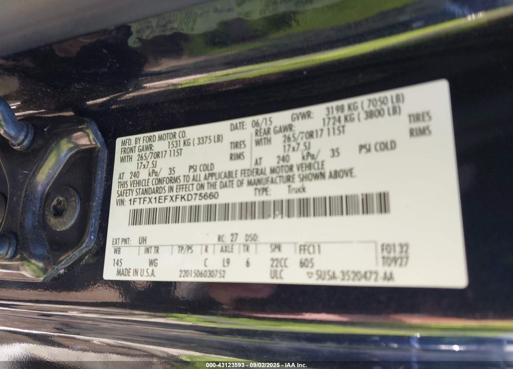 2015 FORD F-150 VIN: 1FTFX1EFXFKD75660